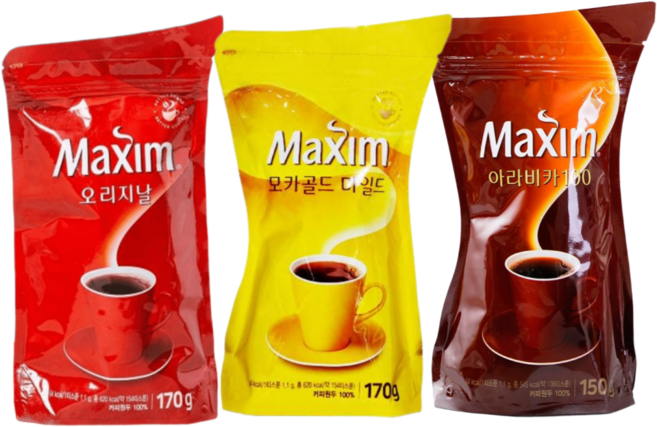 <꾼들>맥심 오리지날 170g리필+ 맥심 모카골드170g리필 +아라비카150g리필+ 루카스나인 시그니처 라떼 1T, 170g