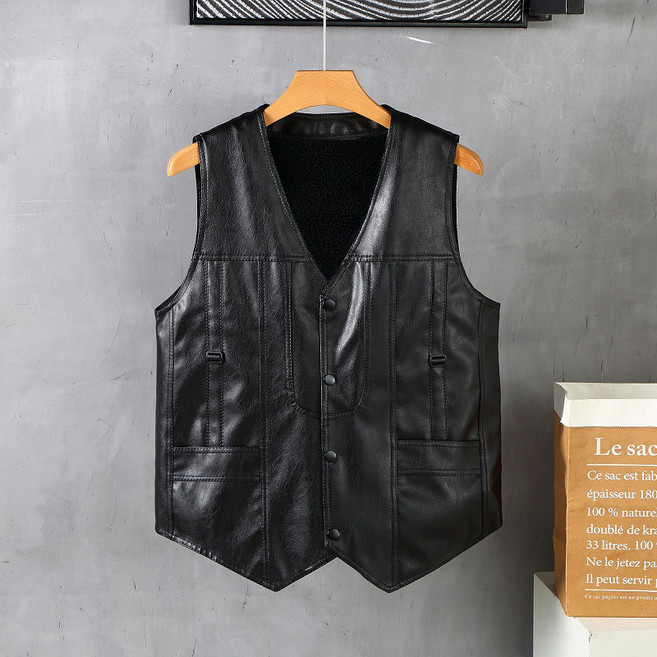 FANSYLI 가을 겨울 남성 가죽 베스트 기모 내피 탈부착 가죽 조끼 중장년 아빠 캐주얼 조끼 코트 W2409S13