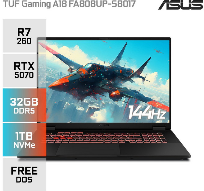 에이수스 TUF 게이밍 A18 FA808UP-S8017 AMD 라이젠7 260 지포스 RTX5070 고사양 게이밍 노트북, Free DOS, 32GB, 1TB, 블랙