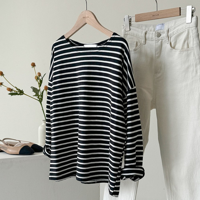 데일리앤 팬타 여성 스트라이프 라운드 쭈리 코튼 레이어드 여름 긴팔 티셔츠