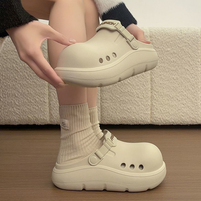 厚底廚師鞋防滑防油包頭洞洞鞋 居家外穿拖鞋, 米色（軟底加厚5CM）,38/39適合37/38碼