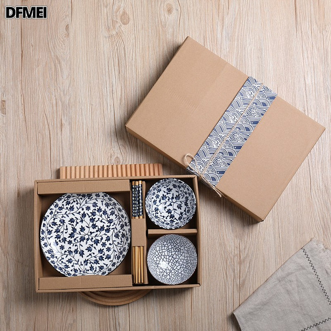 日式陶瓷碗套装青花瓷饭碗礼盒装伴手礼陶瓷餐具活动会销礼品碗具, 1個, 2碗2筷1盘 日式盒 青花混, 參考詳情