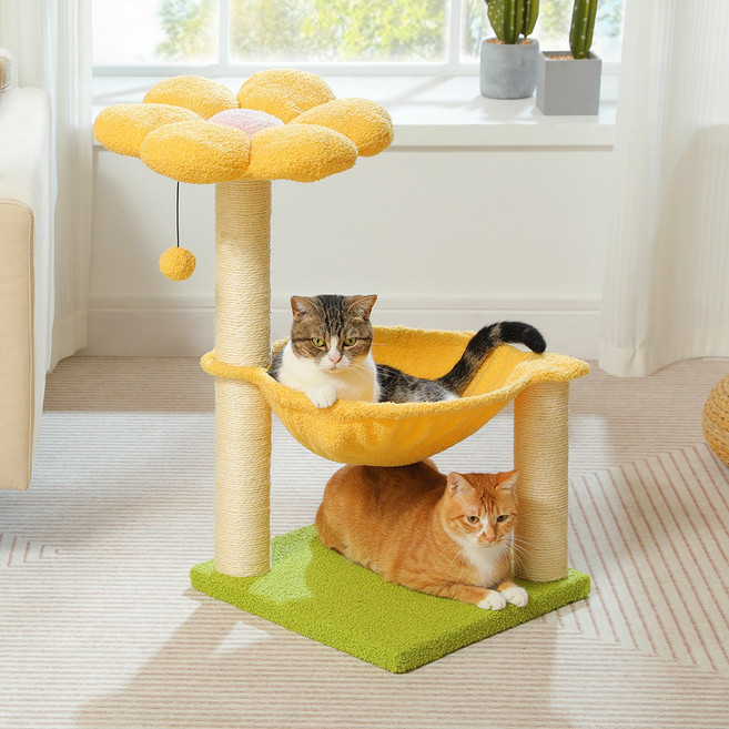 PAWZ Road 3단 귀여운 플라워 소형 캣타워 꽃모양 전망대+스크래쳐 기둥+해멱, 1개, 옐로우