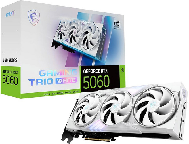 MSI 게이밍 RTX 5060 8G 트리오 OC 화이트 그래픽 카드 8GB DR7 TBA 비트 익스트림 성능 MHz 디스플레이포트 x3 2 1a HD 1b 블랙웰 텍처