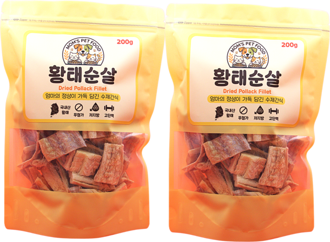 맘스펫푸드 강아지 고양이 자연건조 국내산 무첨가 고단백 기호성 수제간식, 200g, 2개, 자연의 맛 황태순살