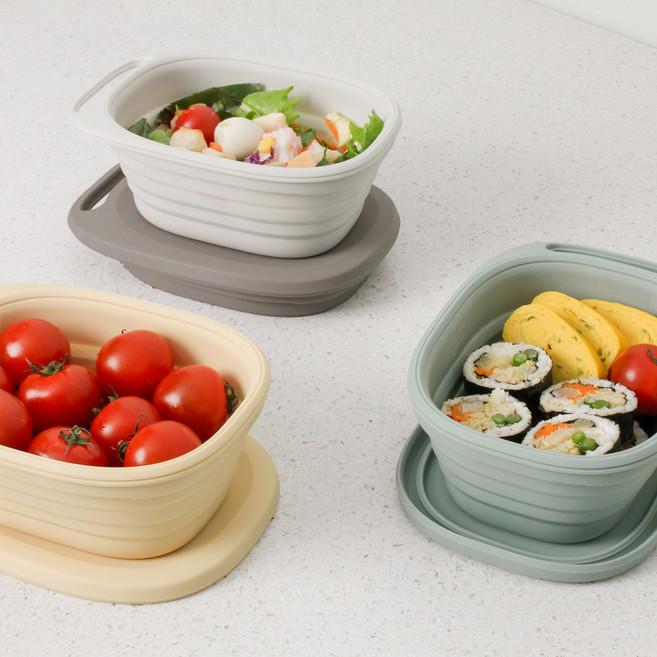 실리샵 국산 플래티넘 실리콘 손잡이 접이식 용기 600ml, 1개, 손잡이 접이식용기 라이트그레이