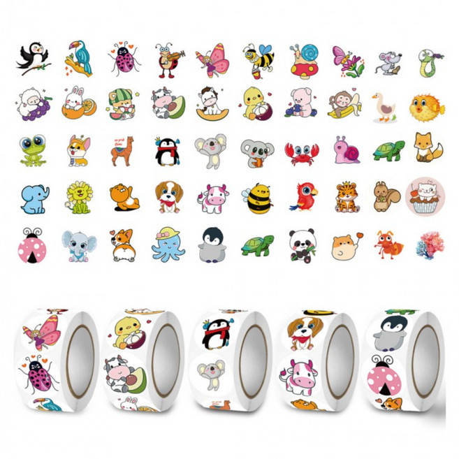 50종 동물 시리즈 원형 스티커 1000매 5롤, 1개, 혼합1000PCS(S686)