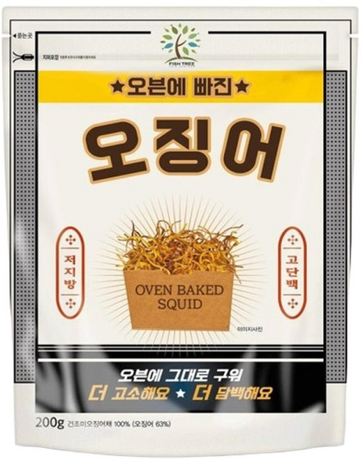 Fish Tree 오븐에 빠진 오징어 200g x 2/건어물/맥주/안주/혼술용/아이/간식/저지방/고단백/진미채/구이, 2개