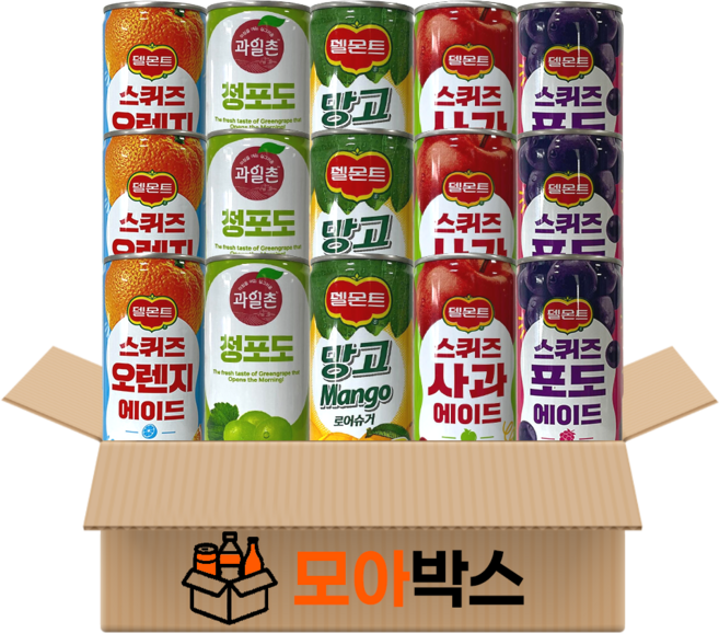 [모아박스] BEST 과즙음료 델몬트 스퀴즈 오렌지 포도 사과 망고 청포도 5종 15캔, 1세트, 240ml