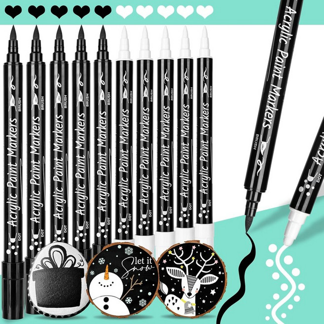 아카 블랙 화이트 페인트 펜 릴 마커 종이 암벽화 우드 사인 금속 플라스틱 세라믹 잉을 위한 12팩 브러시 및 파인 듀얼 팁 영구