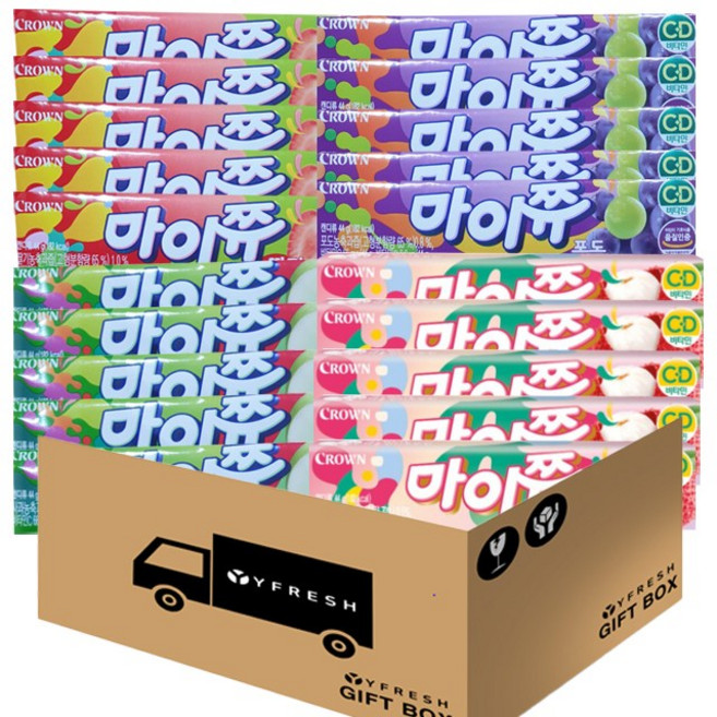 크라운 마이쮸4종 44g x 20(딸기44g x 5 포도 44g x 5 핑크리치 44g x 5 사과 44g x 5) + YFRESH박스, 1세트
