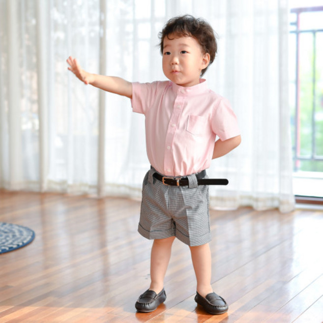 미쏘아 솔리드 차이나 핑크셔츠 노버클 고방체크 반바지세트