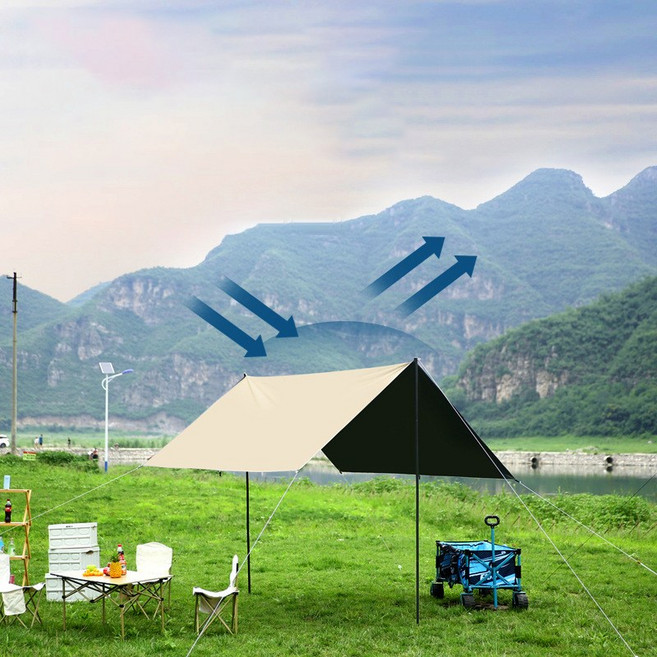 A star 블랙코팅 캠핑 옥스포드 타프 방수 휴대용 천막 99%자외선 차단, 고급형 단조펙+망치+파우치, 베이지