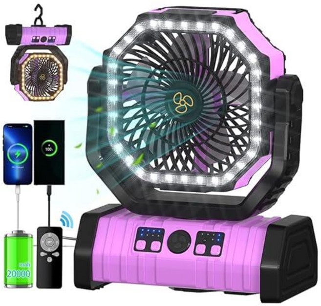 ADUST 캠핑 팬 배터리 작동 전원 팬 LED 랜턴 조명 20000mAh 충전식 휴대용 텐트용 360° 회전 걸이 후크가 있는 진동 팬 무선 USB 책상 팬(블랙키쉬, 핑크
