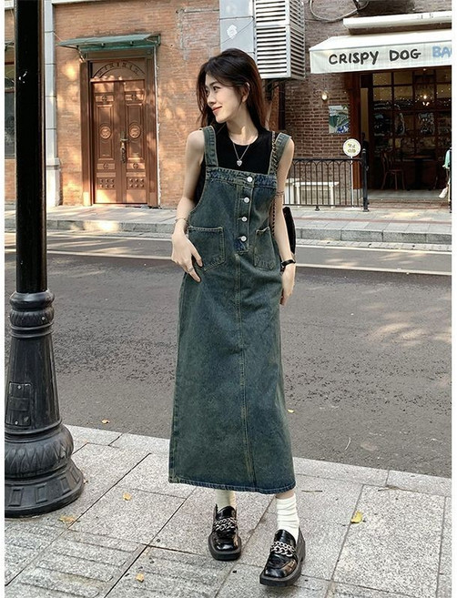 牛仔背帶連衣裙 女 夏季新款復古水洗裙子, 復古藍