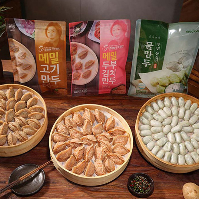 조정애 만두명인 명품 메밀만두 (고기+김치+옹심이물만두) 1세트 100% 국내산 한돈 사용, 1.4kg