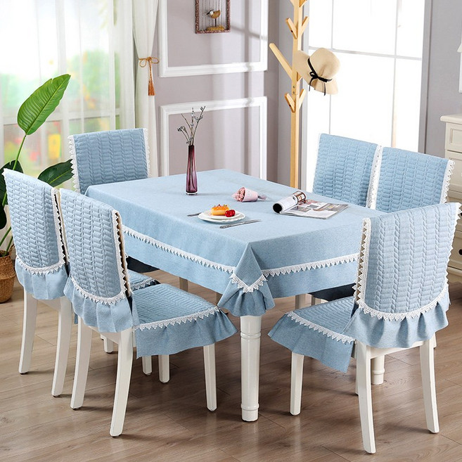 SKANDSALO 패브릭 순면 테이블보 식탁 의자 커버 4인 6인 세트, 하늘_4쿠션4등받이+150x200식탁보