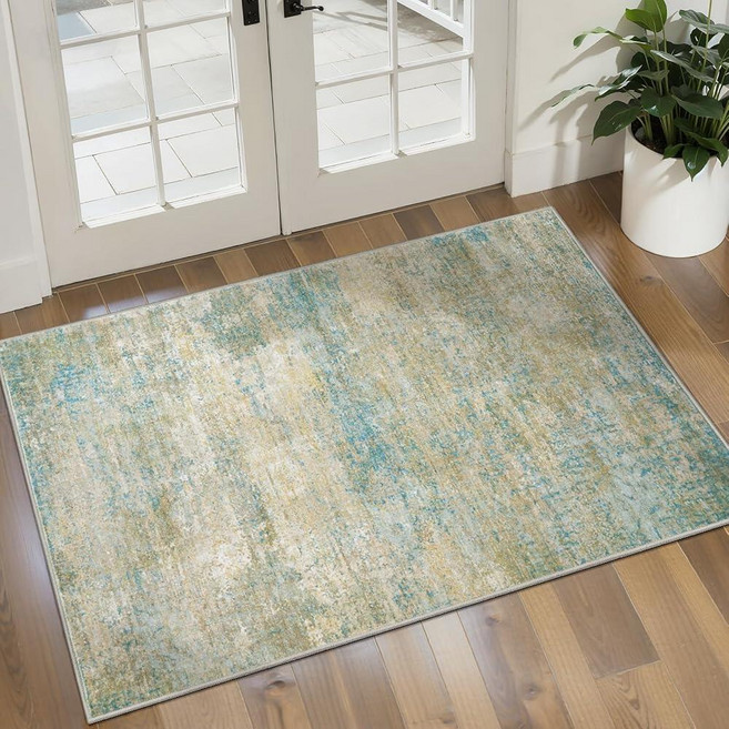 Tangsoo Abstract 3x5 Area Rug Washable Non Slip Indoor Rugs Modern Accent Rug Print Small Carpet, Mist Blue/Beige