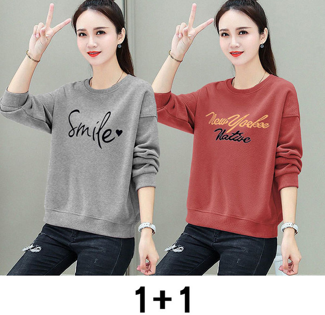 1+1 여성 라운드넥 맨투맨 봄 가을 캐주얼 얇은 긴팔티 루즈핏 데일리 여자 티셔츠 상의 WMY