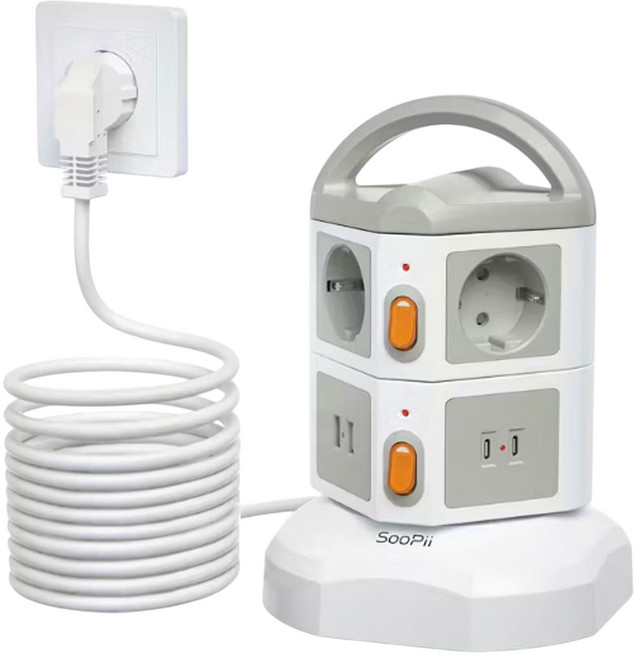 Soopii 4000W고용량 6구 USB 멀티탭 배선차단 캠핑 타워 큐브 멀티콘센트 5M TPS06, 1개, 화이트