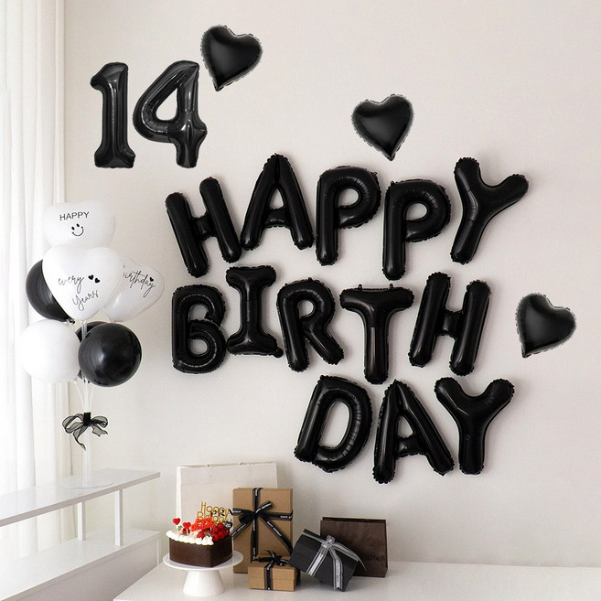 해피제이니 가족 연인 생일 호일풍선 가랜드 레터링시트지 파티용품 세트, 1세트, 블랙 숫자14
