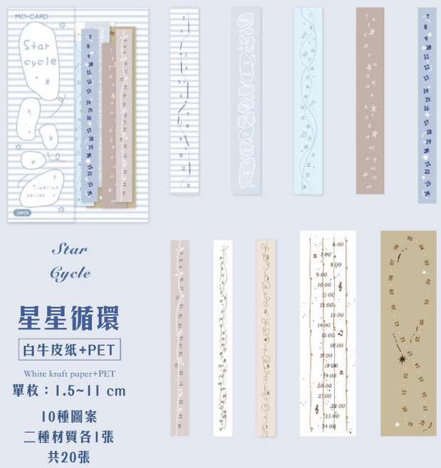 RAYRAYGO 陌墨 貼紙包 時間軸系列 4款 PET+白牛皮紙 日付貼紙 日期貼紙 日記貼紙 日曆貼紙 時間貼紙, 星星循環, 1個