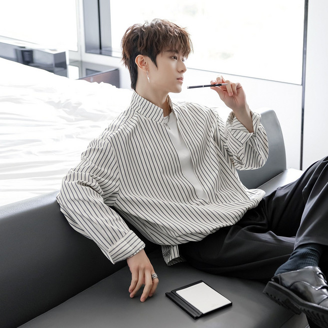 【輕奢百搭】條紋襯衫 男士襯衫 長袖襯衫 假兩件襯衫 商務襯衫 休閒襯衫 立領設計 梭織面料 秋季通勤 簡約高級感
