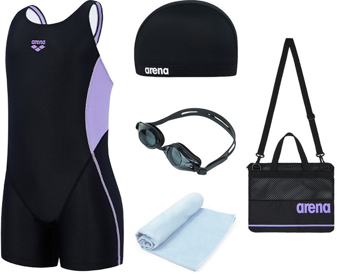 AKT-5957-블랙 아레나 여주니어 생존수영키트 5종 (수경 수모 수영복 메쉬가방 타올 폴리백 세트)