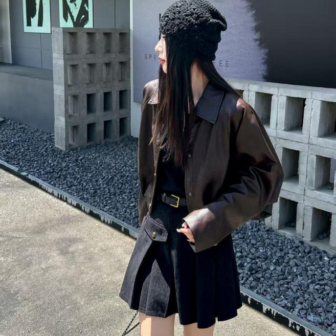 港風復古蝙蝠袖皮衣外套女 短款PU皮夾克