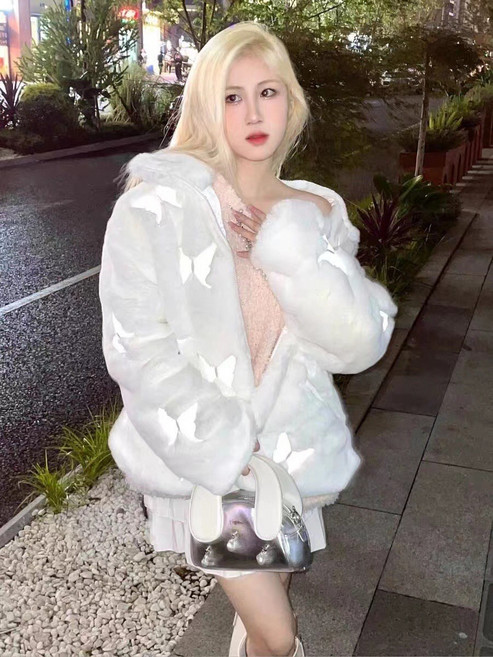 화이트 램스울 코트 후드 여 가을 겨울 고급스러운 작은 키 퍼 반사 나비 맨투맨 패션녀