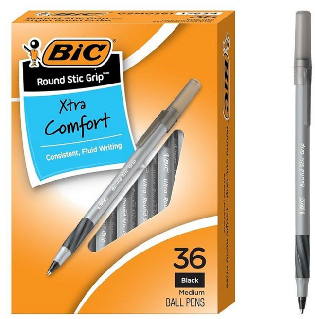 116427 BIC 빅 라운드 스틱 그립 1.2mm 블랙 볼펜 36개, Black