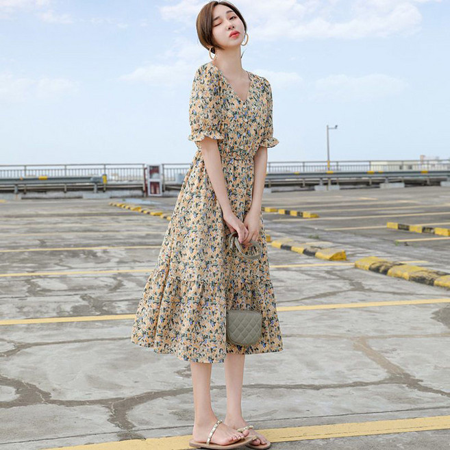 ORZQU 여름 여성 브이넥 플라워 쉬폰 롱스커트 루즈핏 허리 조임 분위기 원피스