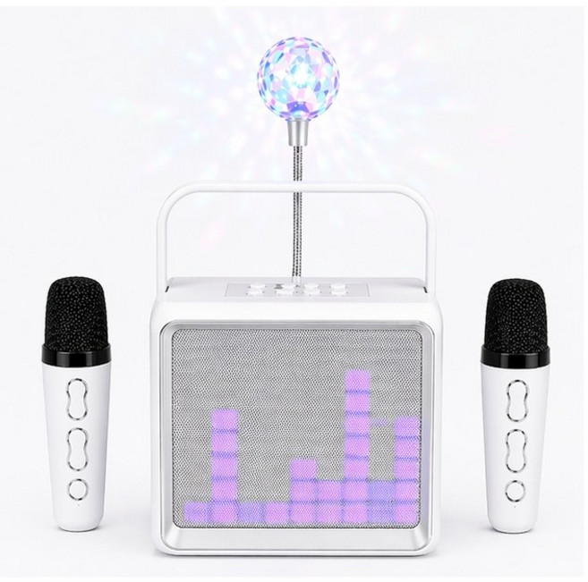 [고출력] 머레이 가정용 노래방 기계 휴대용 블루투스 스피커 듀얼 마이크 기기 세트 led 미러볼, 화이트 + 미러볼 1개