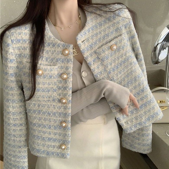珍珠扣小香風外套女2023春秋新款法式設計感小眾寬鬆短款氣質上衣