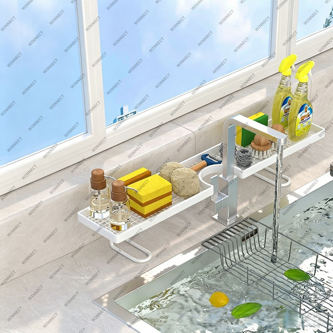 주방 수도꼭지 선반 설거지 채소 세척 싱크대 거치대 물빠짐 바구니 스펀지 브러쉬 행주 수납대, 1개, 화이트
