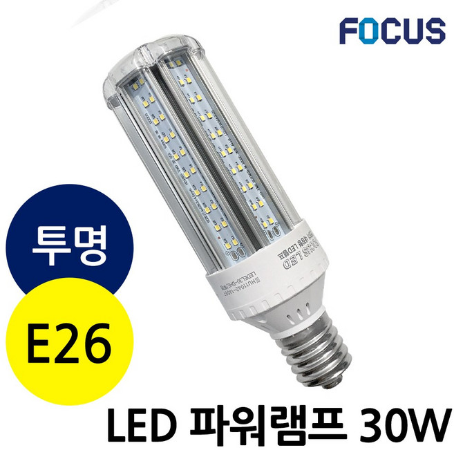 [당일발송] 포커스 LED 밝은 파워램프 30W 보안등 가로등램프 호박전구, 투명, E26, 주광색(흰색빛)