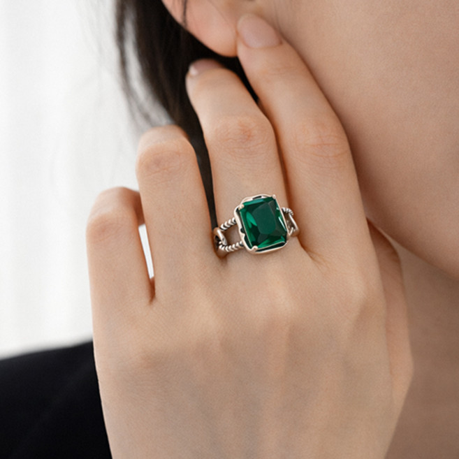 여성 그린 사각 큐빅 반지 오픈링 빈티지 꼬임 디자인 A2646