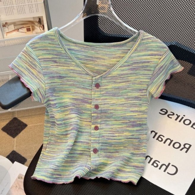 해피유통어린이 여아 반팔 버튼 티셔츠 컬러 스트라이프 디자인14세 이상 XG03