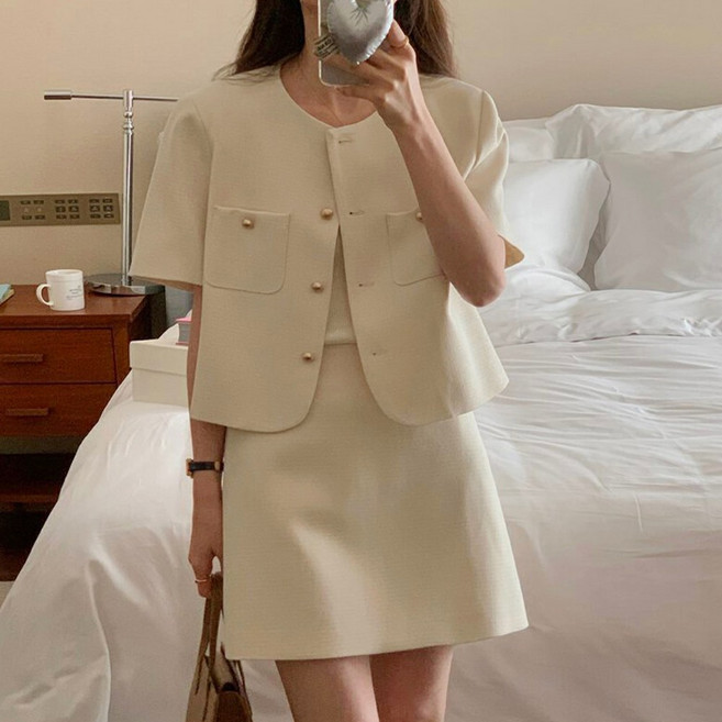 믹스블링 투피스 세트 노카라 반팔 여성 자켓 미니 스커트 여름 셋업