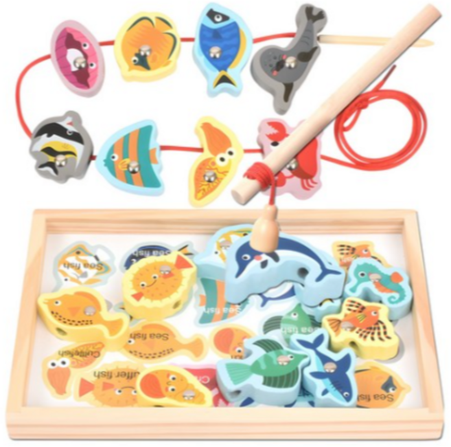 목제 블럭 실꿰기 자석 낚시놀이 교구, 10세트, 18MIX 바다생물