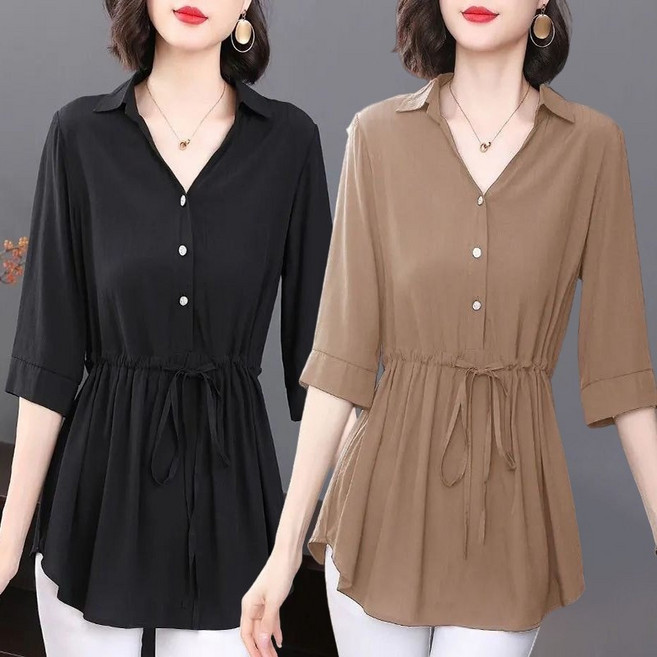 40대 여성티셔츠 셔링 브이넥 카라 블라우스 빅사이즈 스트링 얇은 칠부셔츠