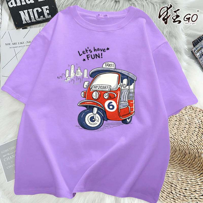 狂GO 嘟嘟車印花純棉短袖T恤 寬鬆透氣上衣, 紫色