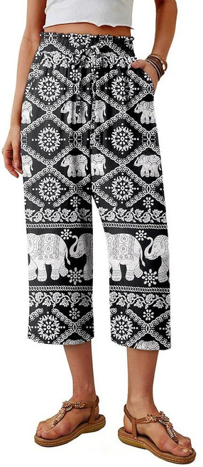 CRAZY GRID 여성용 와이드 레그 카프리 팬츠 페이퍼 백 하이 웨이스트 트렌디하고 흐르는 듯한 여름 해변 크롭 팔라초 포켓 포함 빈티지 오렌지 플로럴 M