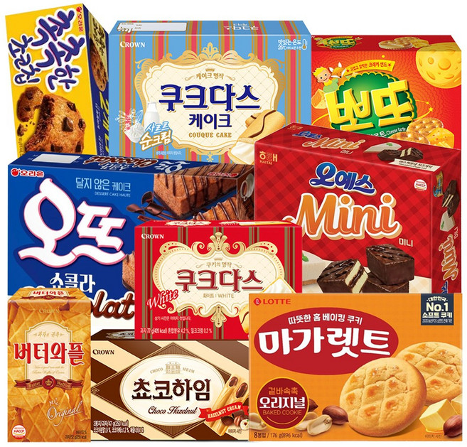 [냠냠상회] 마가렛트+오뜨 쇼콜라+오예스 미니+버터와플+쵸코하임+쿠크다스+촉촉한초코칩 등 맛있는 과자 간식세트, 1세트, 9p