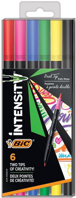 BIC Intensity 2 in 1 듀얼 팁 파인라이너 펜 파인 팁0.7mm 및 유연한 브러시3.7mm 다양한 색상 12개 팩, 1 Count (Pack of 6)