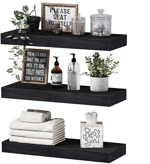 BIKASU 인테리어 벽선반 무지주 벽걸이 선반 3종 세트, 3단, 블랙