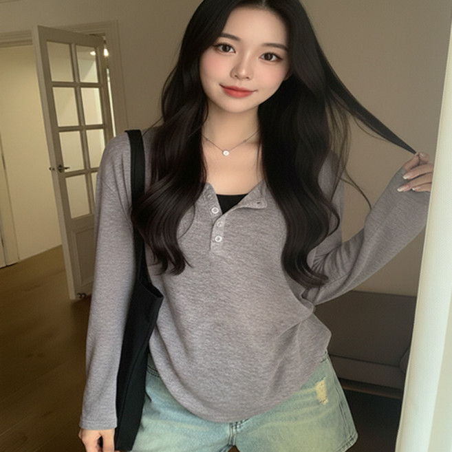 데일로엔 여성 단추 루즈핏 긴팔 티셔츠