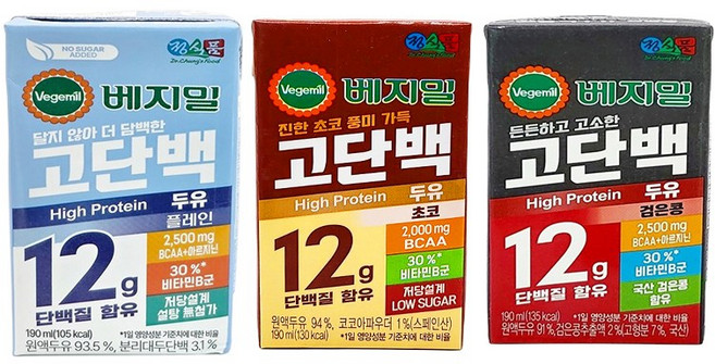 베지밀 고단백 두유 3종(검은콩+초코+플레인), 18개, 190ml