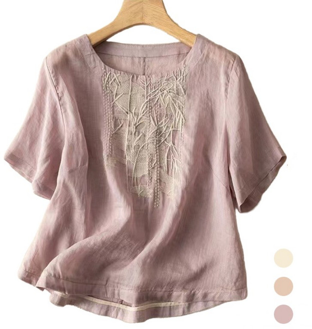 에쥬아 중년여성 여름티 라운드넥 화초 자수 반팔티 데일리룩 여름상의