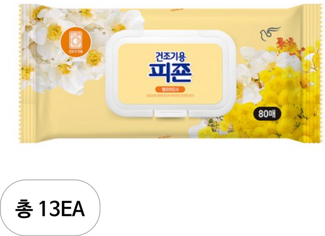 피죤 건조기용 오리지널 시트 섬유유연제 옐로미모사 본품, 80개입, 13개